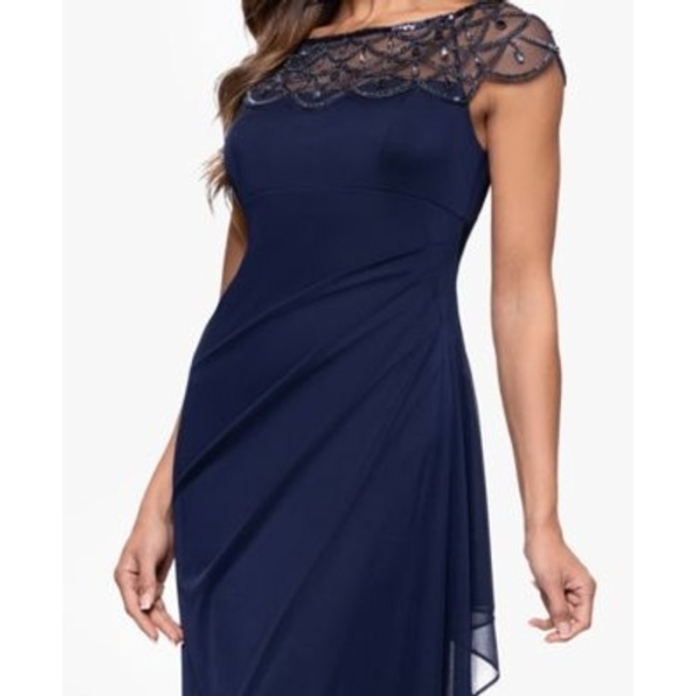 XSCAPE Joanna Chen Navy Blue Beaded Illusion Neck Ruched Cocktail Dress 6 XS4762